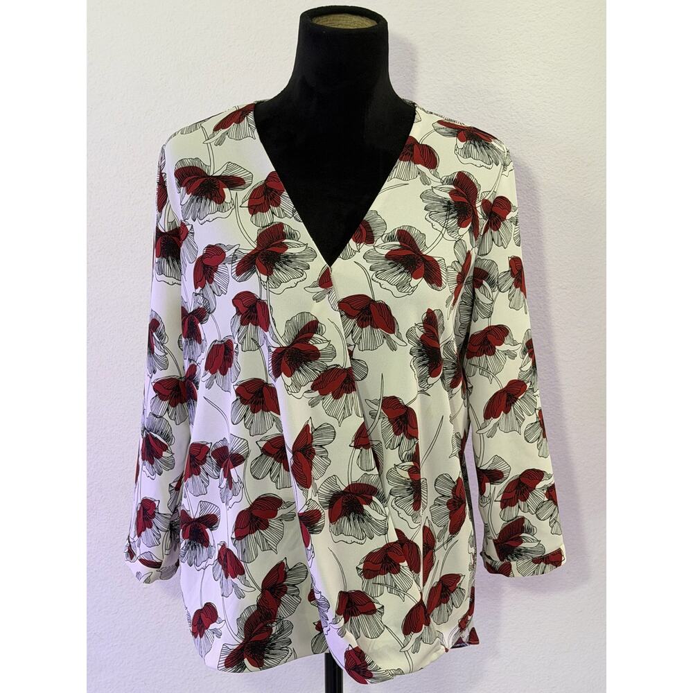 Alfani Black & Burgundy Moody Floral Blouse Modern Chic Button-Cuff Sleeves S-10